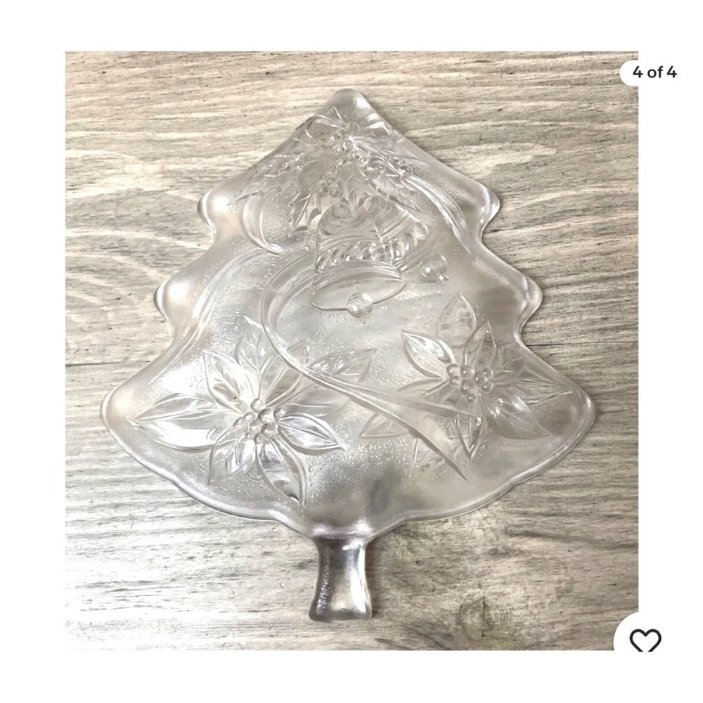Vintage Etched Christmas Tree Holiday Dish Clear with Bells & Poinsettias EUC